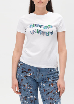 Белая футболка Emporio Armani с цветными стразами, фото