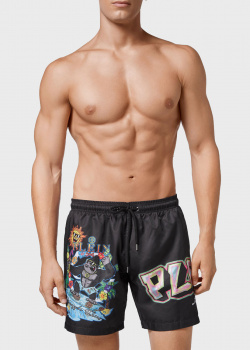 Мужские пляжные шорты Philipp Plein черные с принтом, фото